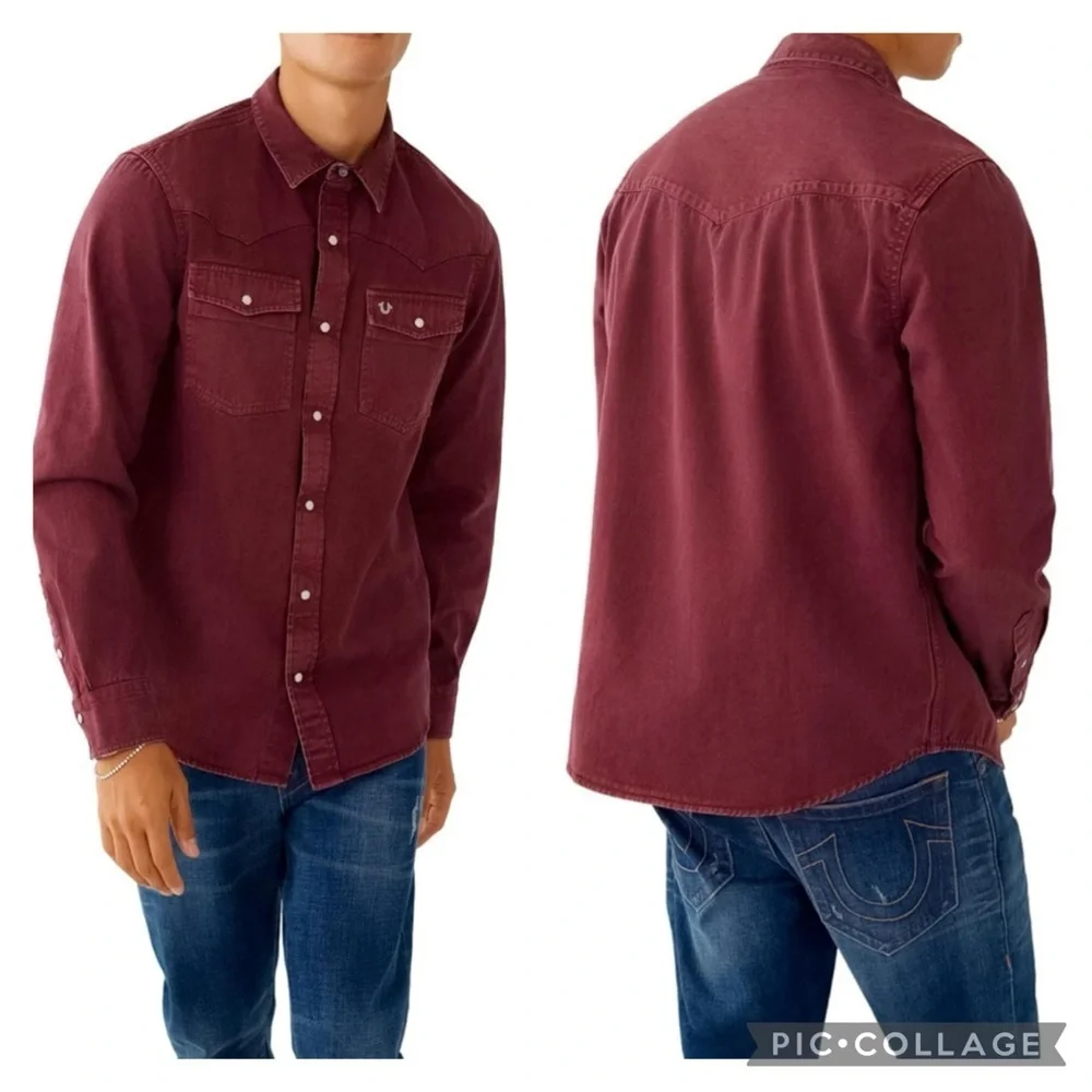 True Religion Overdyed Dark Burgundy Western Cotton Shirt Size Small